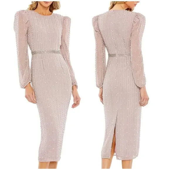 Mac Duggal | Dresses | Mac Duggal Nwt Jewel Neck Embellished Tea Midi Dress  Long Sleeve Size 2 Violet | Poshmark